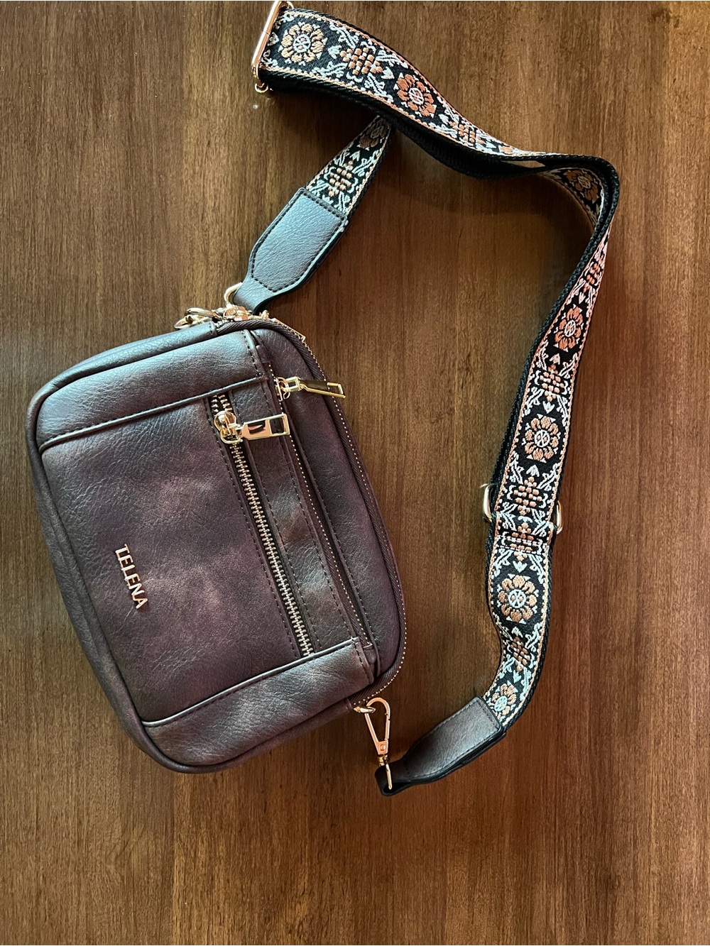Telena Brown Leather Belt Bag with Embroidered Strap